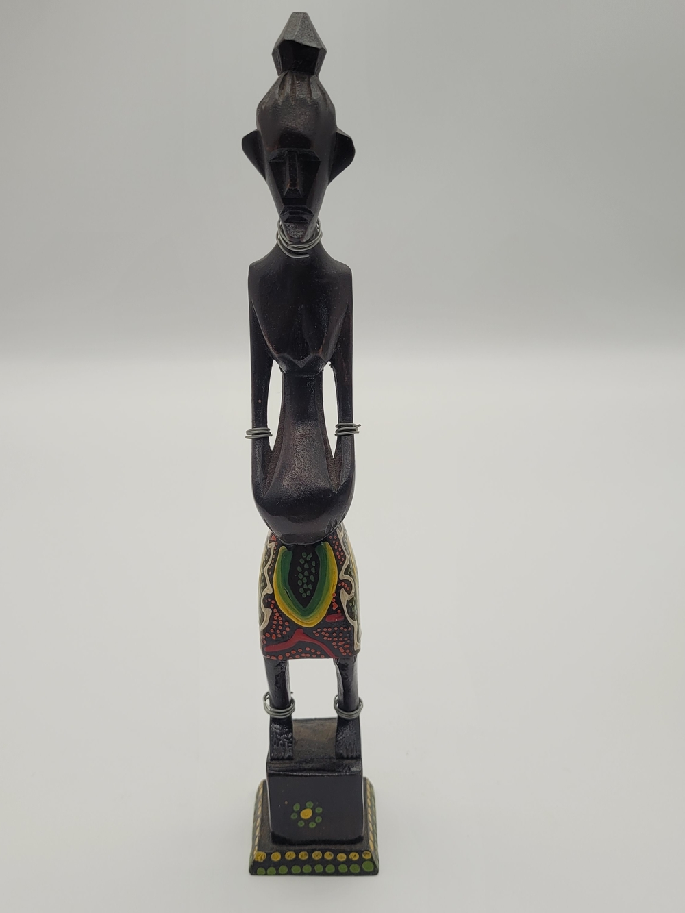 Handcarved Black Tribal Wooden Figurine with Colorful Skirt Decorative Home Art